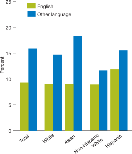 Figure 4.17. Adults whose health providers sometimes or never listened carefully, explained things, showed respect, and spent enough time with them, by race and ethnicity, stratified by language spoken at home, 2003