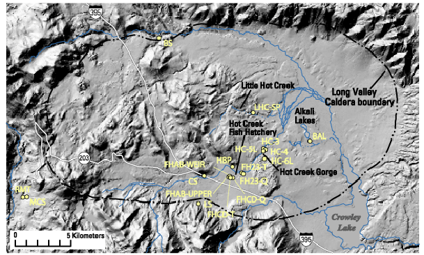 Spring monitoring sites in Long Valley caldera, California