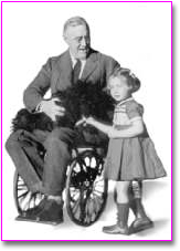 President Franklin D. Roosevelt in a wheel chair next to a young girl standing with braces on her legs