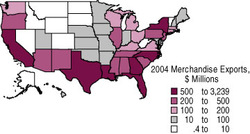 US map showing 2004 merchandise exports, by state