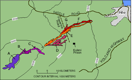 Map showing areas covered by lava flows from the eruption of Mauna Loa between March 24 and April 15, 1984.