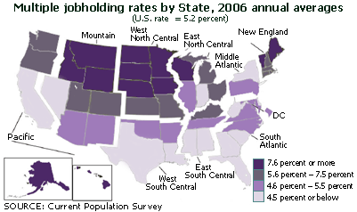 Multiple jobholders as a percentage of total employment by State, 2005 and 2006 annual averages