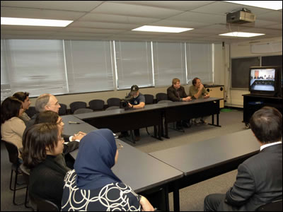 Deputy Secretary Simon participates in a videoconference on critical languages at Sprague Technology Center in Annandale, Virginia. He was joined by students learning Arabic from Hayfield Secondary School, who spoke via teleconference with students from Tunis, Tunisia, and Beirut, Lebanon. This teleconference, which was carried out with the support of the American Council on the Teaching of Foreign Languages (ACTFL), highlighted the importance of critical language education to American competitiveness and international education and cooperation during the U.S. Department of Education's seventh annual International Education Week.