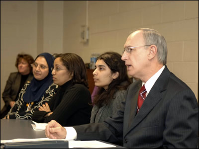 Deputy Secretary Simon participates in a videoconference on critical languages at Sprague Technology Center in Annandale, Virginia. He was joined by students learning Arabic from Hayfield Secondary School, who spoke via teleconference with students from Tunis, Tunisia, and Beirut, Lebanon. This teleconference, which was carried out with the support of the American Council on the Teaching of Foreign Languages (ACTFL), highlighted the importance of critical language education to American competitiveness and international education and cooperation during the U.S. Department of Education's seventh annual International Education Week.