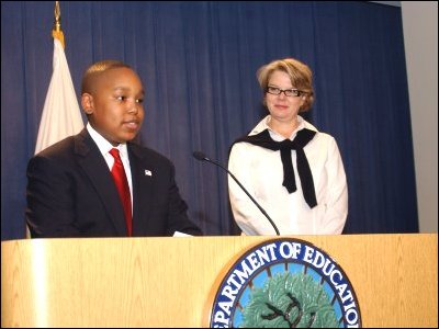 Secretary Spellings greets 'President Sterling,' who was president for a day courtesy of the Make-a-Wish Foundation, at the U.S. Department of Education, where he delivered remarks to the staff before going on to the Pentagon. The Department of Education was just one of a number of stops on the 'President's' busy day in Washington, D.C.