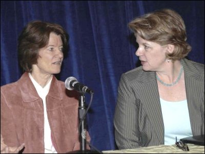 Secretary Spellings and astronaut Sally Ride participate in a press conference at the First National Summit on the Advancement of Girls in Math and Science.
