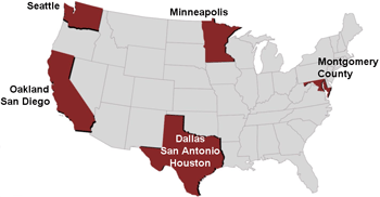 Map of the United States, showing Seattle, Washington; Minneapolis, Minnesota; Oakland and San Diego, California; Montgomery County, Maryland; and Dallas, San Antonio, and Houston, Texas