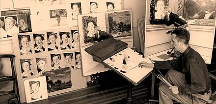Artist Norman Rockwell sits in a wooden chair, smoking a pipe, and working on a painting. In his left hand, he holds several brushes. On the walls surrounding the artists are painted drafts of various elements of the final painting in various stages of completion.