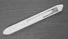 Photograph of scalpel. By pushing a button on this scalpel, the blade retracts.