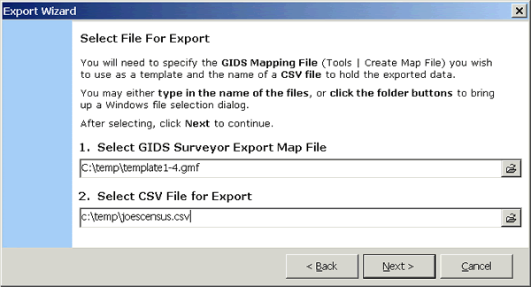 Export file selection dialogue