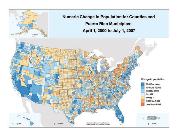 Map of Numeric Change in Population for Counties and Puerto Rico Municipios: April 1, 2000 to July 1, 2007