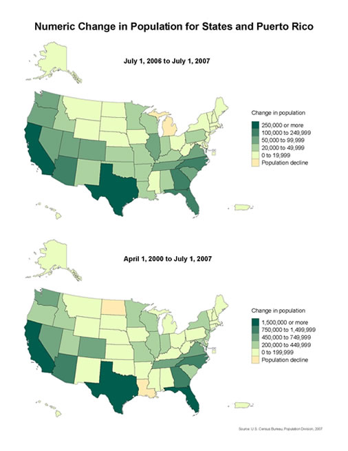 Numeric Change in Population for States and Puerto Rico: July 1, 2006 to July 1, 2007 and April 1, 2000 to July 1, 2007 Map
