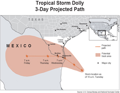 Tropical Storm Dolly 3-Day Projected Path map