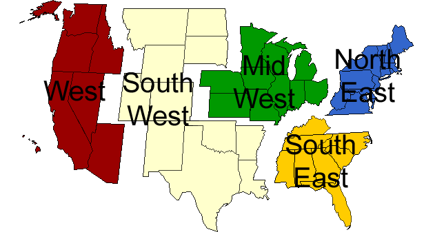 Map of the United States indicating regions as recognized by Wage and Hour Division.