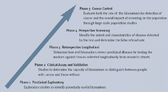 Chart showing progression of Guiding Principles for Biomarker Research: Phase 1, Preclinical Exploratory; Exploratory studies to identify potentially useful biomarkers. Phase 2: Clinical Assay and Validation; Studies to determine the capacity of biomarkers to distinguish between people with cancer and those without. Phase 3: Retrospective Longitudinal; Determine how well biomarkers detect preclinical disease by testing the markers against tissues collected longitudinally from research cohorts. Phase 4: Prospective Screening; Identify the extent and characteristics of disease detected by the test and determine the false referral rate. Phase 5: Cancer Control; Evaluate both the role of the biomarkers for detection of cancer and the overall impact of screening on the population through large-scale population studies.