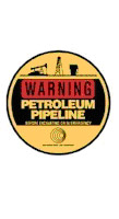 Round yellow and red sign showing drilling equipment and the words "WARNING PETROLEUM PIPELINE"