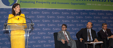 Ana Vilma de Escobar, the vice president of El Salvador, spoke at a session of the Americas Competitiveness Forum devoted to the state of competitiveness in the Western Hemisphere. Joining her on the panel were, L to R: Luis Alberto Moreno, the president of the Inter-American Development Bank; Hernando de Soto, president of the Institute for Liberty and Democracy; and Eduardo Sólorzano Morales, president of Wal-Mart de México. (U.S. Department of Commerce photo)