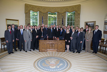 President George W. Bush (center) with winners of the 2007 E Awards in the Oval Office of the White House on May 24, 2007.
