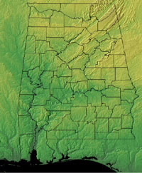 Topographical map of Alabama.  Click here for larger image.