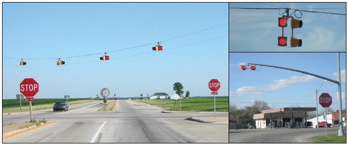 Two photographs of flashing beacons at stop controlled intersections.