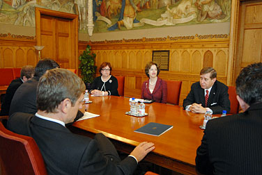 During his visit to Hungary, Deputy Secretary of Commerce David A. Sampson met with Prime Minister Ferenc Gyurcsány in Budapest on June 29, 2007, to discuss U.S.-Hungarian commercial and economic relations. Attending the meeting were, from left to right: Prime Minister Gyurcsány; Patricia Gonzalez, U.S. senior commercial officer in Budapest; U.S. Ambassador April Foley; and Deputy Secretary Sampson. (U.S. Department of Commerce photo) 