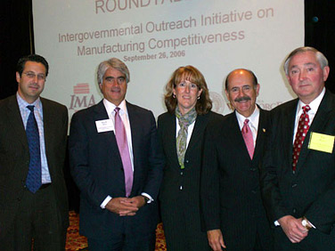 Participants at the Manufacturing Summit in Indianapolis, Indiana (from left to right): Nate Feltman, executive vice president and general counsel of the Indiana Economic Development Corporation; Mark Miles, president of the Central Indiana Corporate Partnership; Lisa Laughner, vice president of the Advanced Manufacturing Initiative at the Central Indiana Corporate Partnership; Al Frink, assistant secretary of commerce for manufacturing and services; Pat Kiely, president of the Indiana Manufacturing Association.