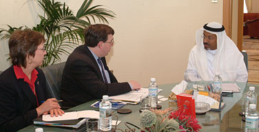 Left to right: Cherie Loustaunau, director of the International Trade Administration's Office of Middle East, Franklin L. Lavin, under secretary of commerce for international trade, and Mohammed Omar Abdullah, director general of the Abu Dhabi Chamber of Commerce and Industry at a meeting on March 12, 2007, in Abu Dhabi. (Photo courtesy of the Abu Dhabi Chamber of Commerce and Industry)