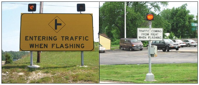 Two photos showing two different types of signs that both warn drivers that traffic is entering the roadway from the right when the attached light is flashing.