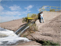 Discharge of the Roger Road wastewater treatment plant effluent into the Santa Cruz River, AZ, at the start of the study reach (mile 0). Effluent from the plant was collected over a 24-hour period coinciding with low, rising, peak (2), and falling discharge