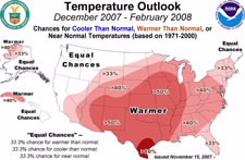 United Staes Map depicting temperature outlook for December 2007 - February 2008. Click here for larger image.
