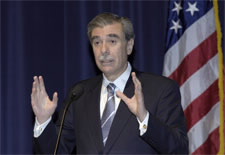 Secretary emphasizes a point during a speech.