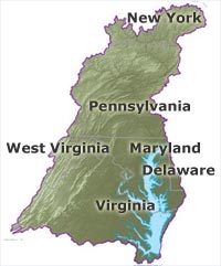 Map of the Chesapeake Bay watershed across Delaware, New York, Maryland,, Pennsylvania Virginia, and West Virginia.