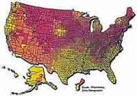 EPA map of radon zones, showing highest radon levels in the western and northern parts of the continental US.