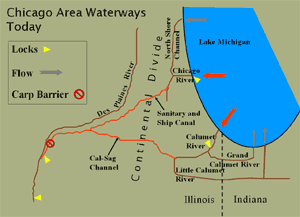 Chicago Area waterways map showing location of carp barrier 
