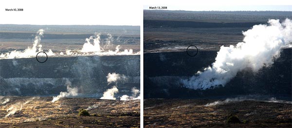 Views of the east wall of Halema`uma`u crater on March 10 and 13, 2008, showing the emergence of a new gas vent. The Halema`uma`u crater overlook is circled. Note the large gas plume in the right frame taken on March 13, 2008.