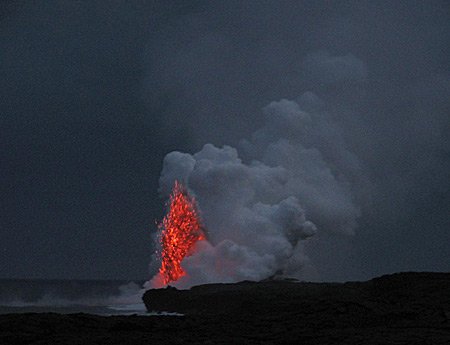 A littoral explosion at dusk. Explosions such as this have been common throughout the last several weeks at the Waikupanaha entry.  June 29, 2008.