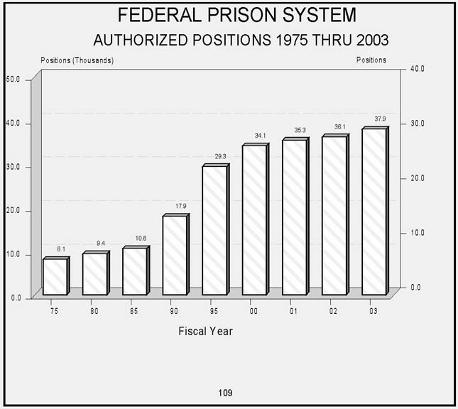 Federal Prison System Bar Chart   Authorized Positions   Fiscal Years   1975 to 2003   Increasing Trend.