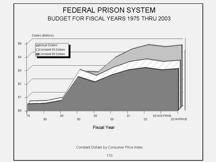 Federal Prison System Area Chart   Budget for Fiscal Years 1975 to 2003.  3 Graphical areas to include actual dollars