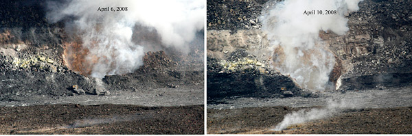 Views of April 6 and 10, 2008, showing the before and after effect of the April 9 11:08 p.m. explosion.