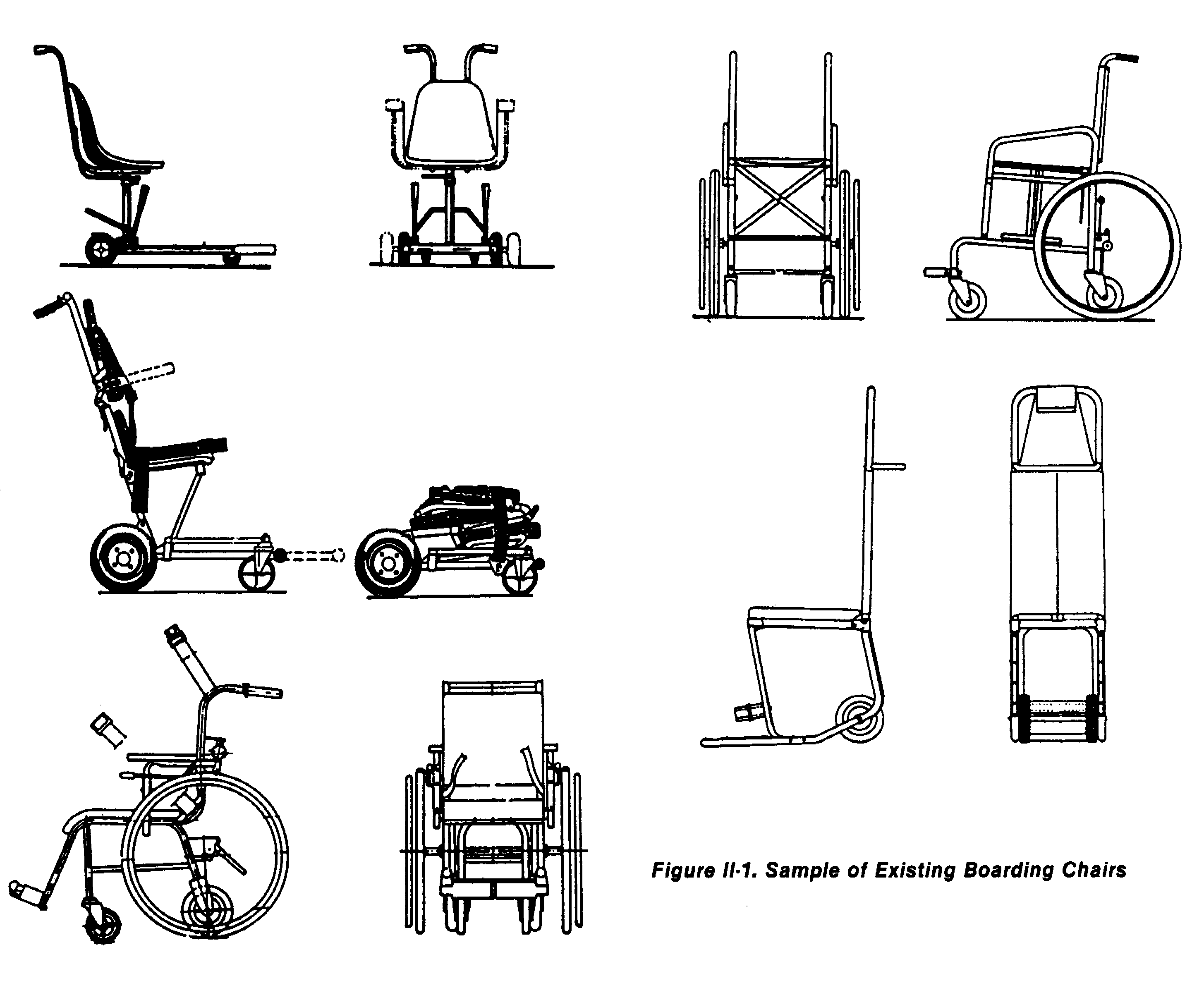 The figure is composed of ten graphics identifying five different configurations of aircraft boarding chairs.  They show a front and side view of five styles of available boarding chairs.