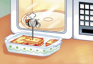 Image of a meal in front of the microwave with a digital thermometer