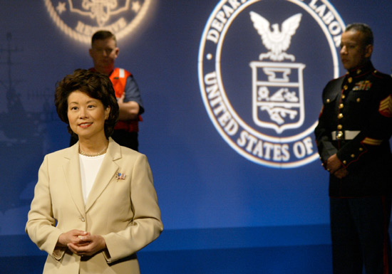 Secretary Chao in the Department of Labor's new public service announcement on USERRA rights for veterans. (DOL Photo/Neshan Naltchayan)