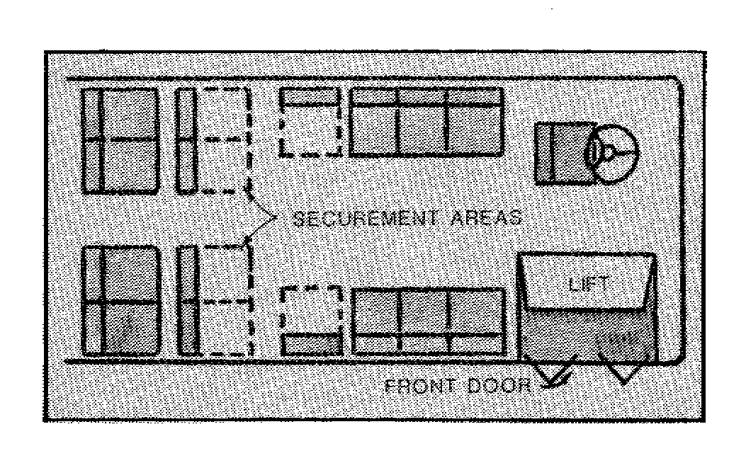 Figure illustrates the securement sites on a front-lift bus with longitudinal folding seats on either side of the aisle in the bus.