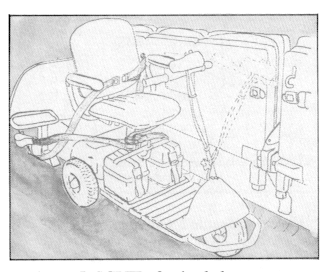 Figure illustrates the appropriate securement for a 3 wheeled scooter as follows: 1. Is a securement to the back of a folded bus seat through the use of straps from either side of the scooter at the rear anchored to the seat support of the scooter; 2. Is a securement belt to hold the front of the scooter in place.