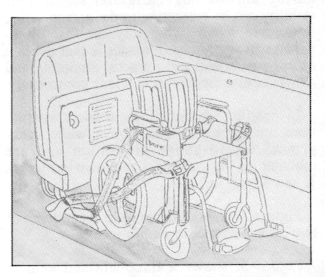 Figure illustrates the securement of a motorized wheelchair in a front door lift bus.  The wheelchair will be held steady using two loop-ended straps and the passenger will be held in place with the automotive lap belt.