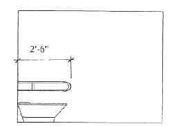 Side elevation of grab bar 2 feet 6 icnhes long at a toilet