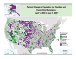 Map of Percent Change in Population for Counties and Puerto Rico Municipios: April 1, 2000 to July 1, 2007