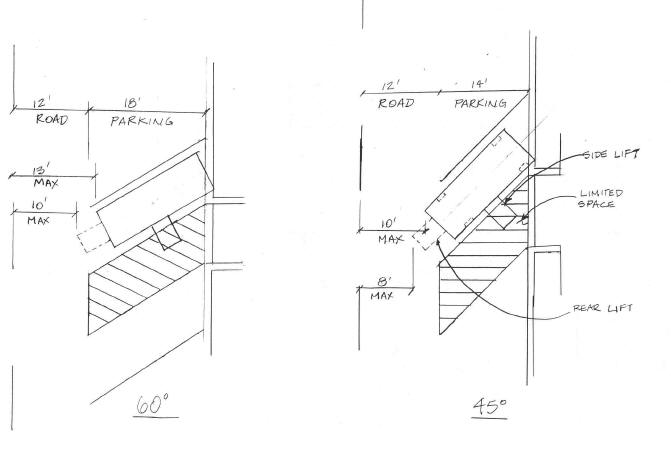 Sketches of van accessible spaces angled 60 degrees and 45 degrees (plan view)