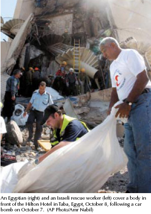 An Egyptian [right] and an Israeli rescue worker [left] cover a body in front of the Hilton Hotal in Taba, Egypt, Oct. 8, following a car bomb on Oct. 7 [AP Photo/Amr Nabil]