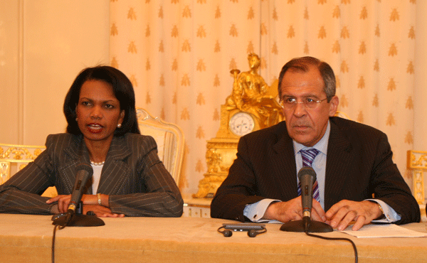 Secretary Rice and Russian Minister of Foreign Affairs Sergey Lavrov speak to the press.  State Department photo by Valeriy Yevseyev